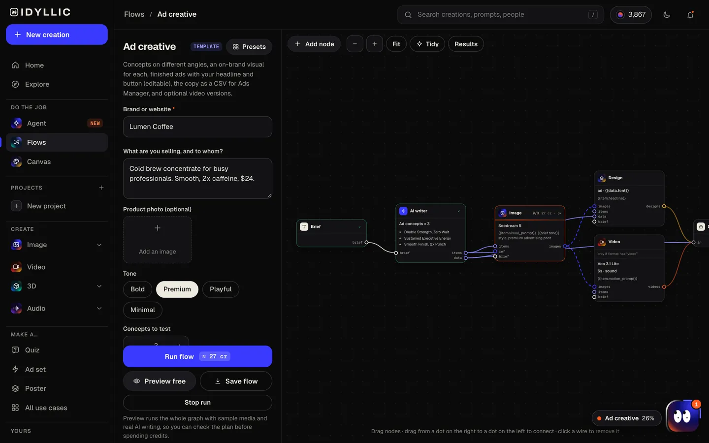 Let the flow build the concepts: Idyllic brand in, a test-ready set of meta ads out flow, step 2