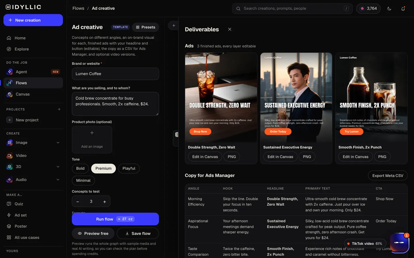 Review the ad set: Idyllic brand in, a test-ready set of meta ads out flow, step 3