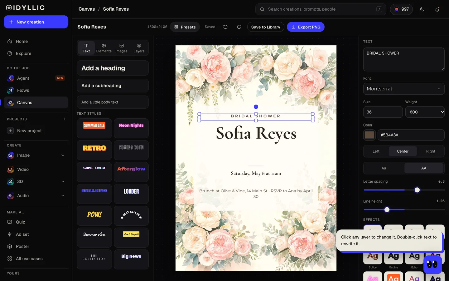 Edit and download: Idyllic bridal shower invites with every detail set in type flow, step 4