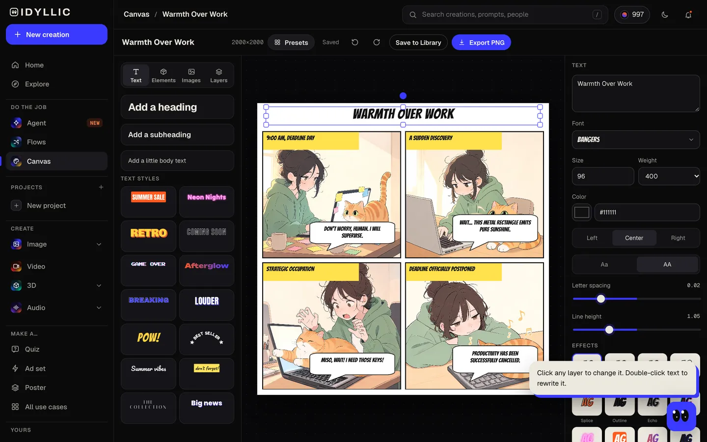 Edit and download: Idyllic a 3-6 panel strip with captions and speech bubbles flow, step 4