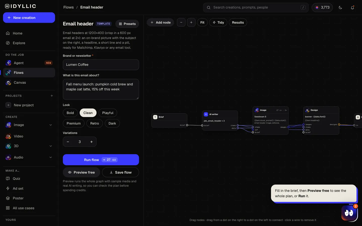 Say what the email is about: Idyllic newsletter and campaign headers at 1200×400 flow, step 1