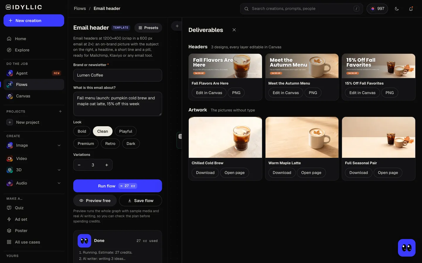 Compare the headers: Idyllic newsletter and campaign headers at 1200×400 flow, step 3