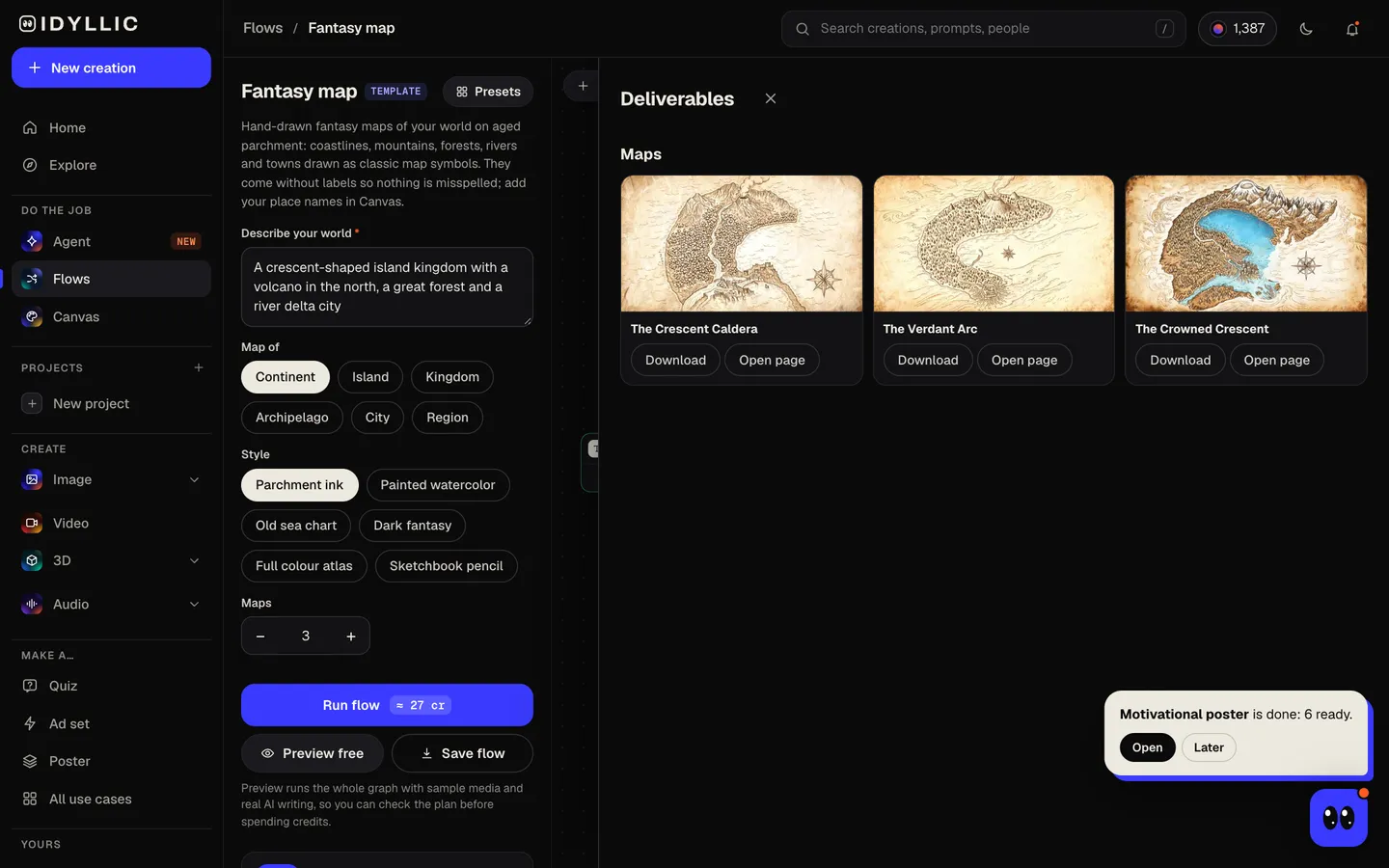 Compare the maps: Idyllic hand-drawn parchment maps of your world flow, step 3