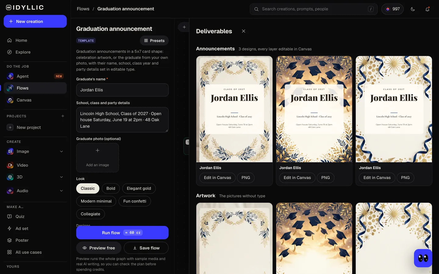 Compare three designs: Idyllic announce your grad with their photo and party details flow, step 3