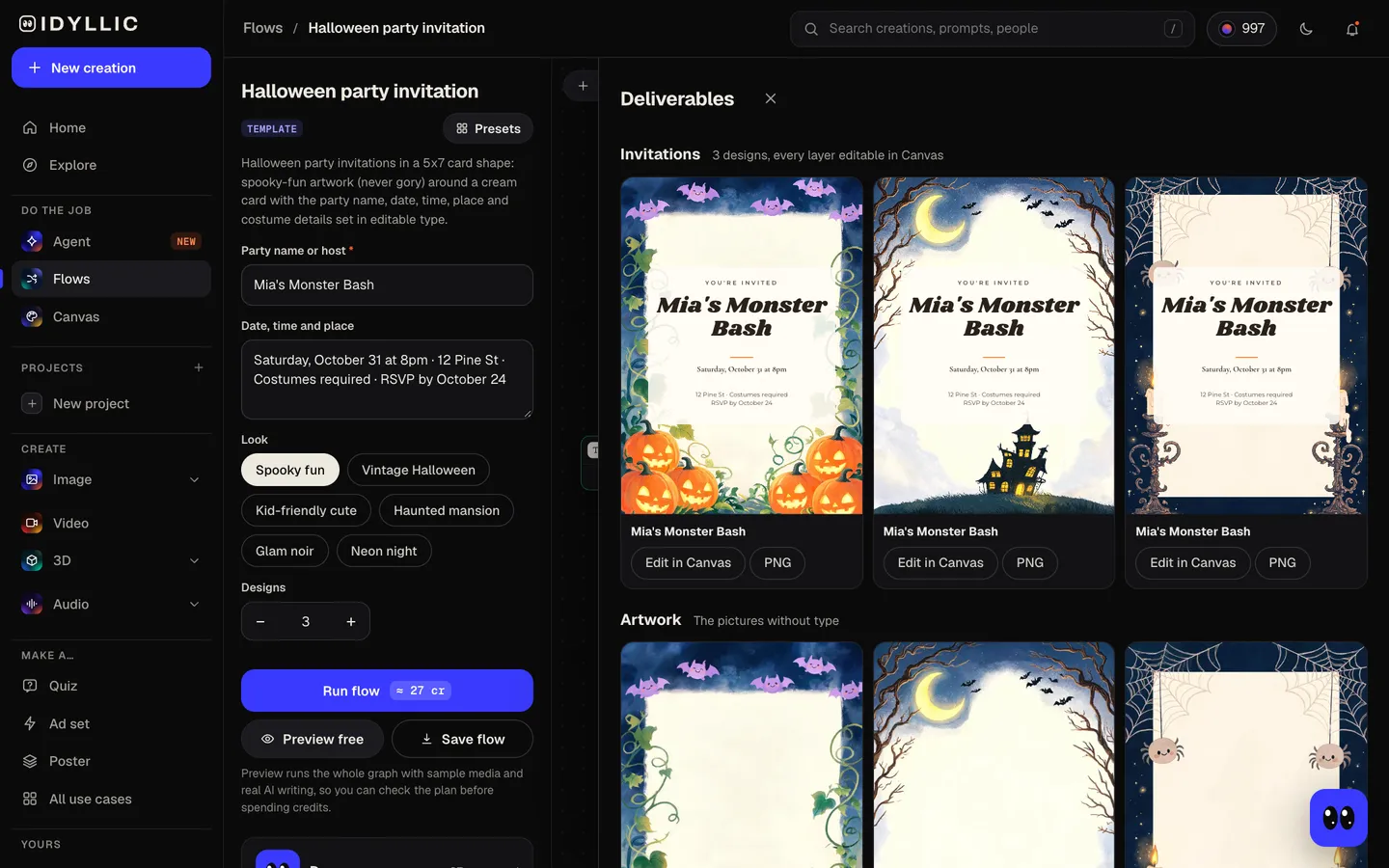 Compare three designs: Idyllic spooky-fun party invites, every detail in real type flow, step 3