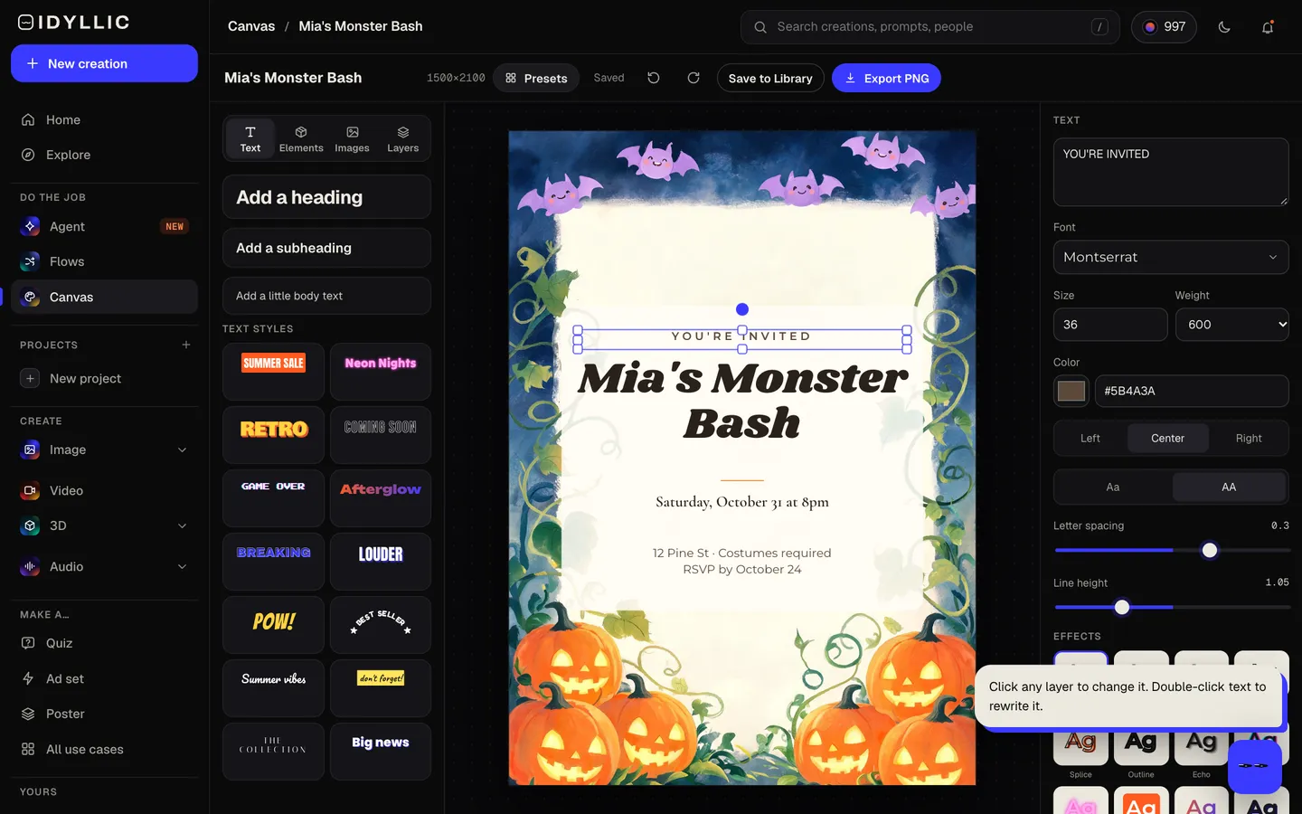 Edit and download: Idyllic spooky-fun party invites, every detail in real type flow, step 4