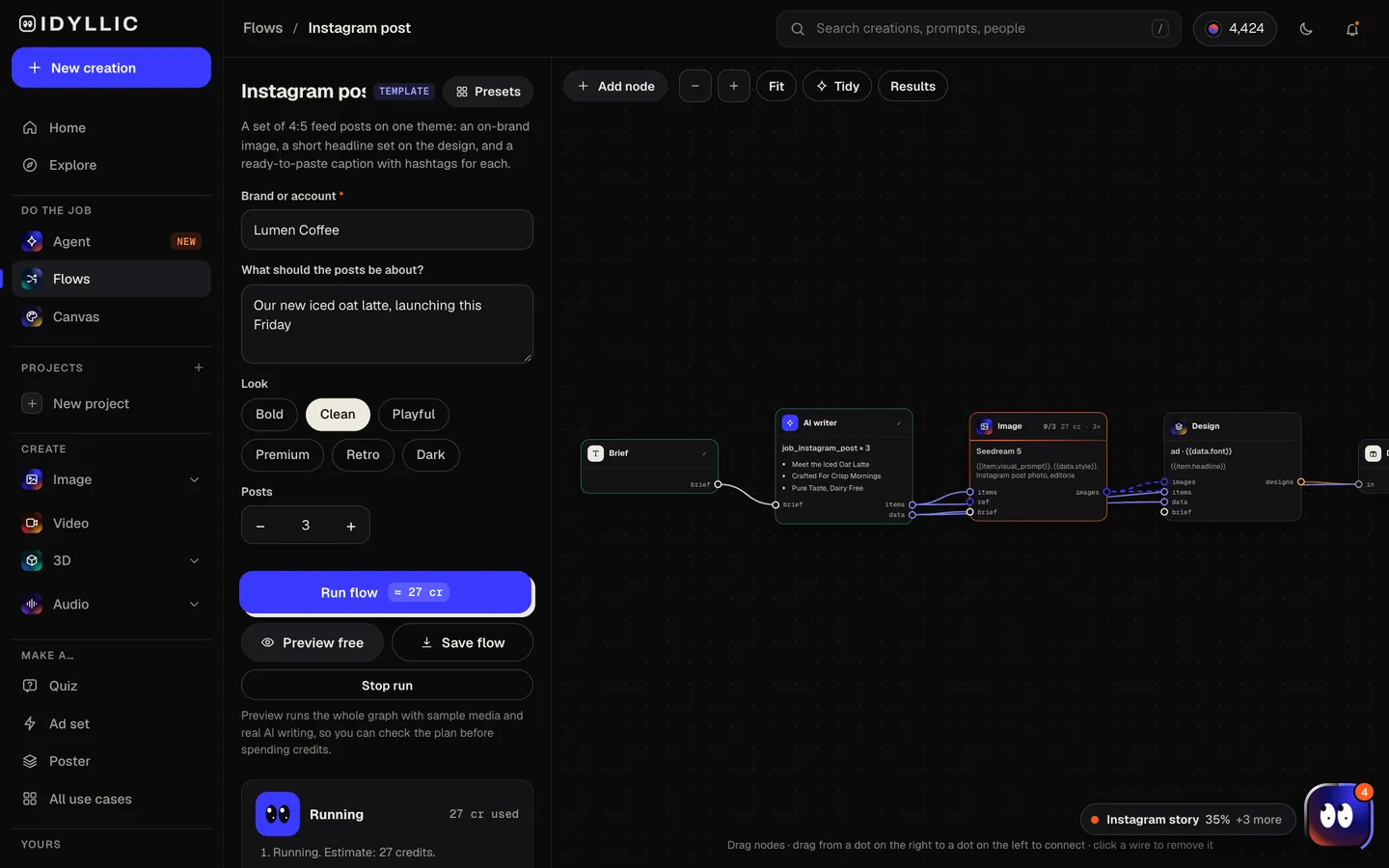 Let the flow plan and design: Idyllic scroll-stopping 4:5 posts with captions and hashtags flow, step 2