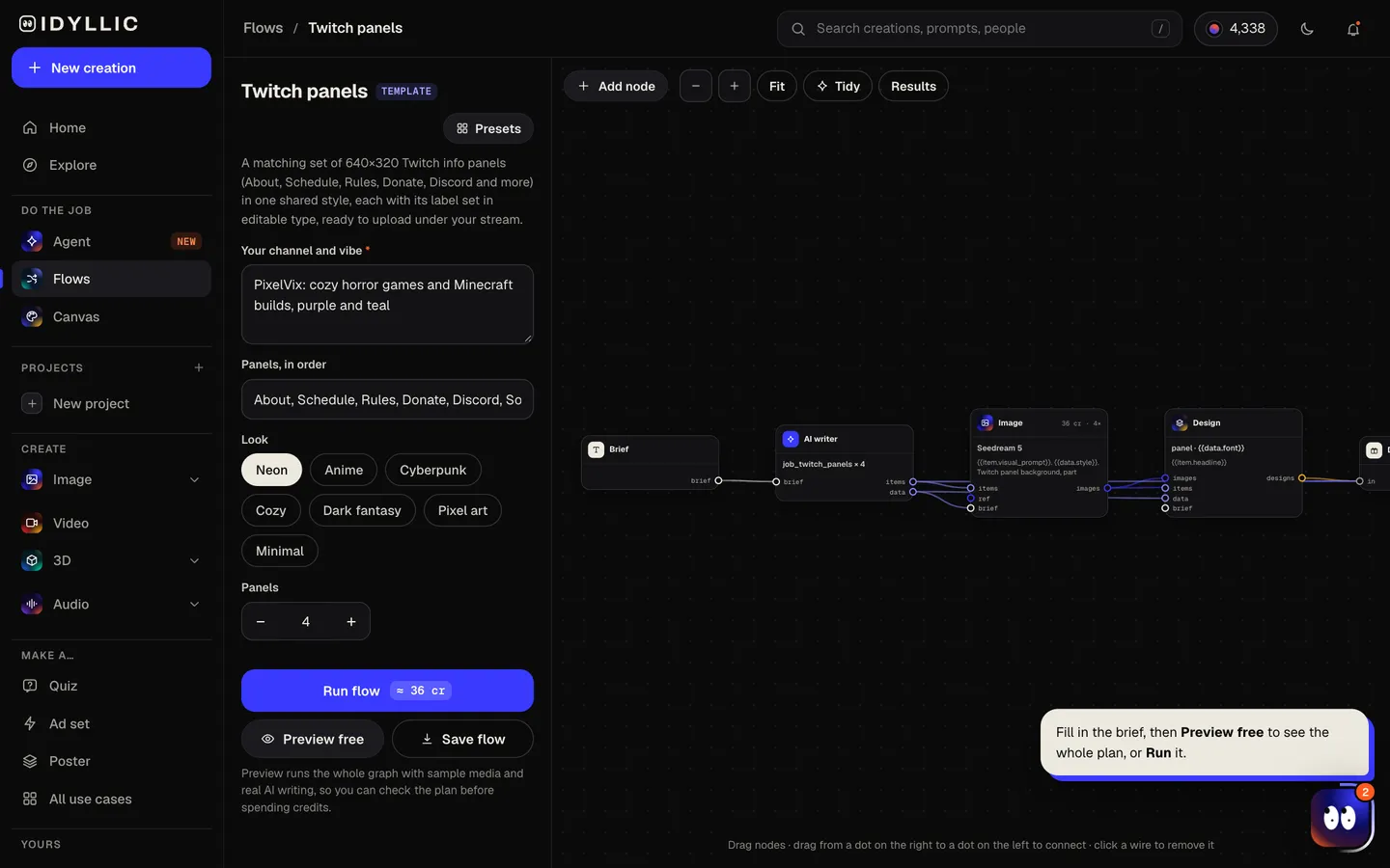 Describe the channel: Idyllic a matching set of about, schedule and rules panels flow, step 1