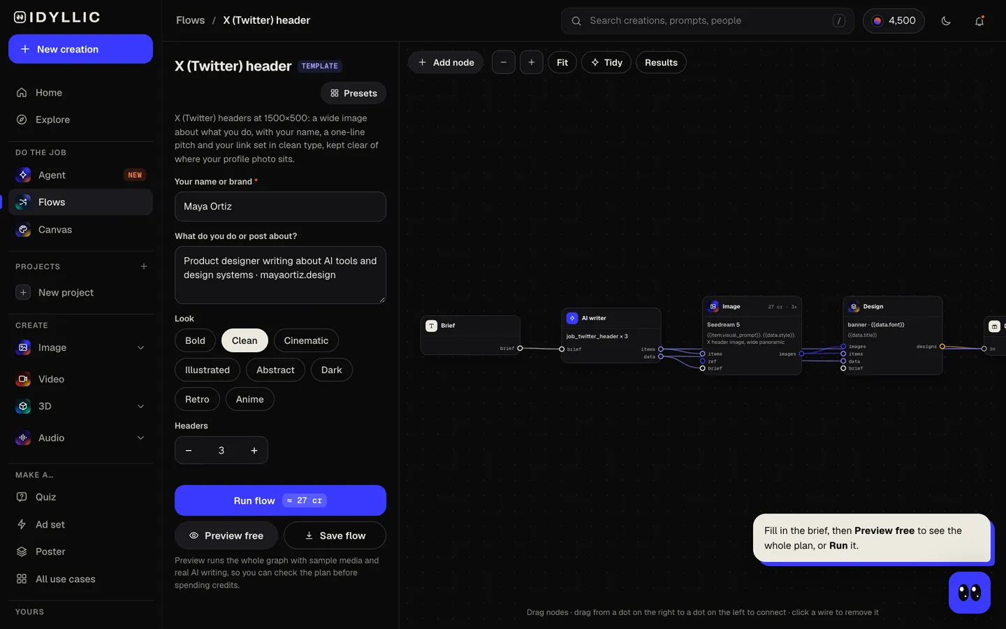 Say who you are: Idyllic a 1500×500 header with your name set in real type flow, step 1