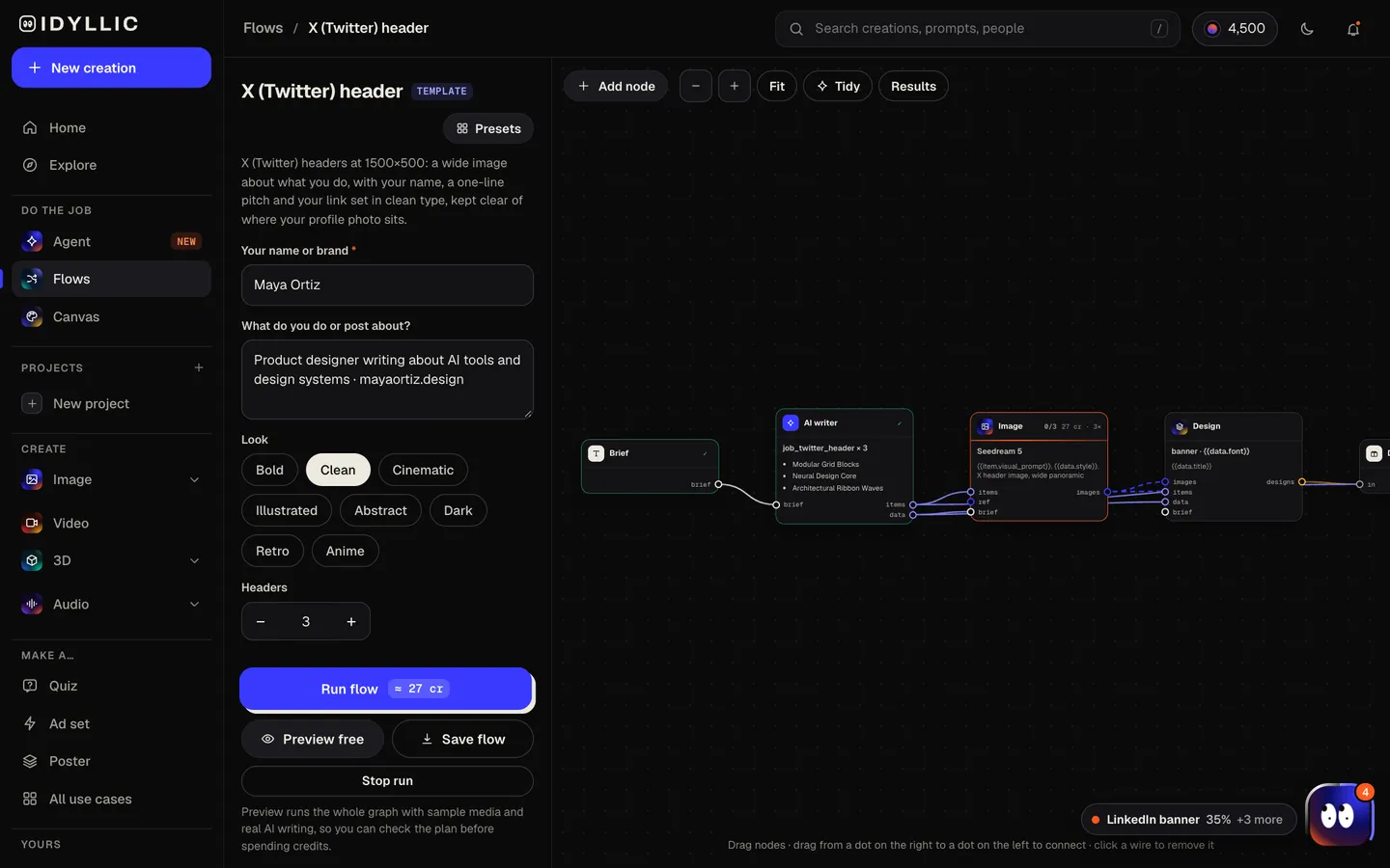 Let the flow design it: Idyllic a 1500×500 header with your name set in real type flow, step 2