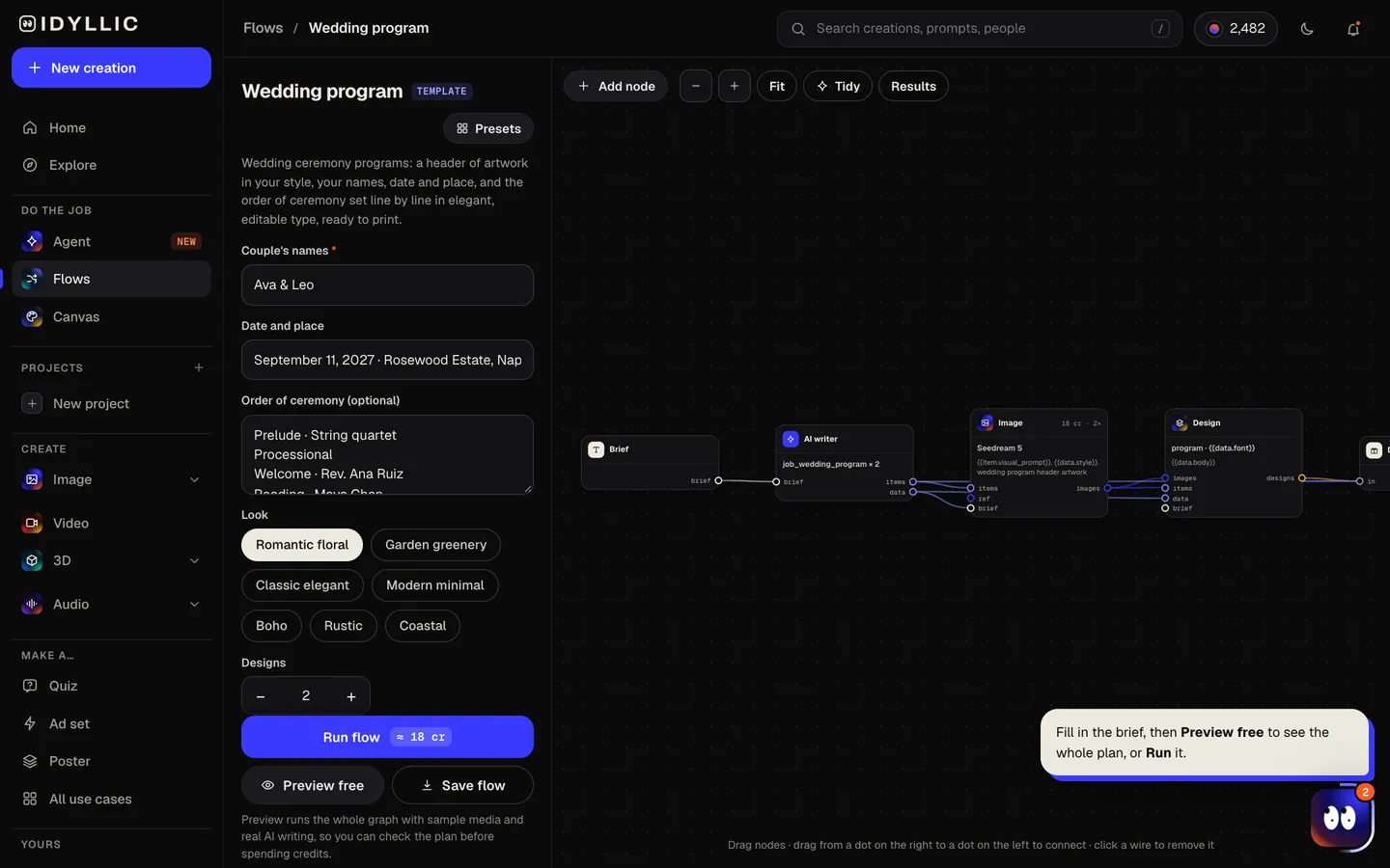Add your names and order: Idyllic ceremony programs with your order of service in type flow, step 1