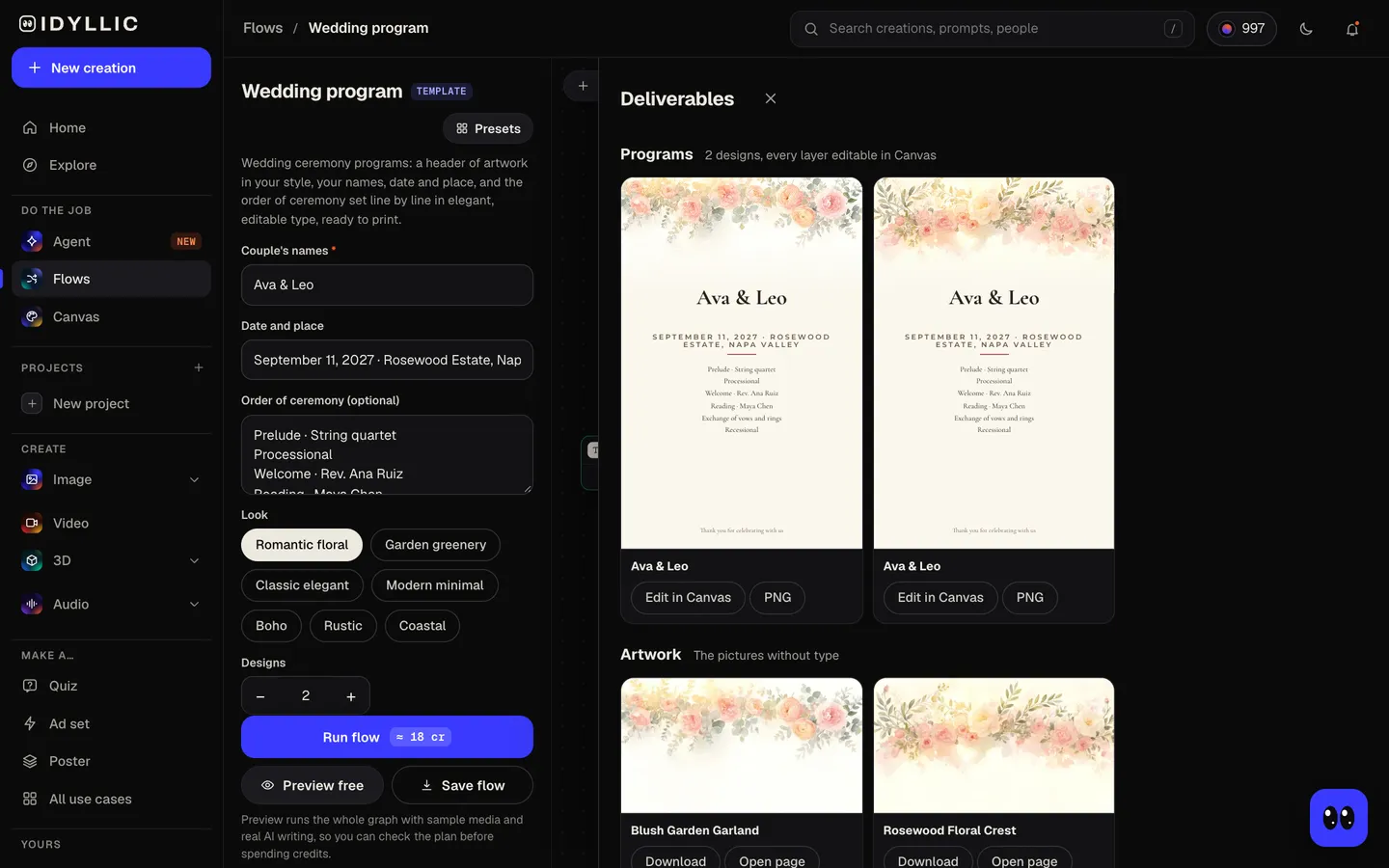 Compare the programs: Idyllic ceremony programs with your order of service in type flow, step 3