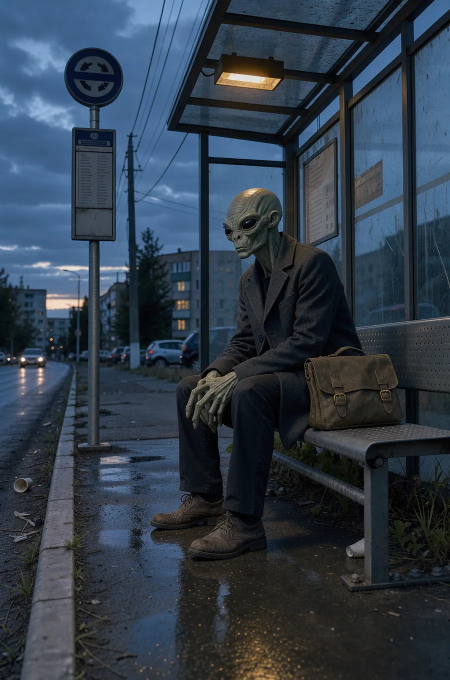 two friends and a gray alien on a bench, flash photography