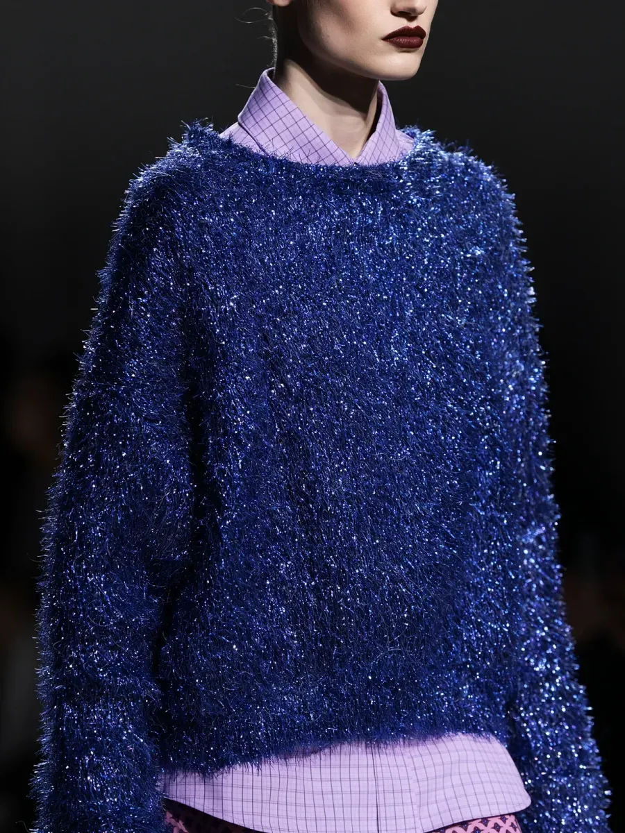 fashion shoot, sparkling blue knit, black backdrop