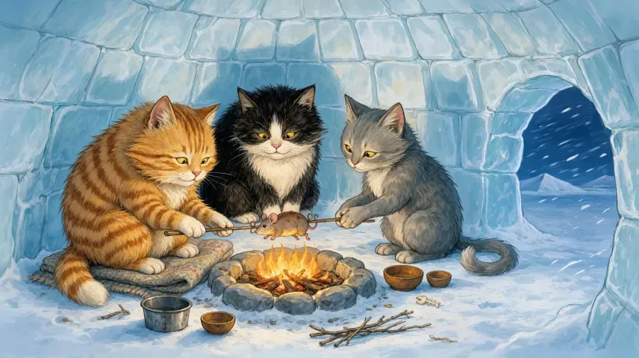three cats around a fire inside an igloo, storybook watercolor