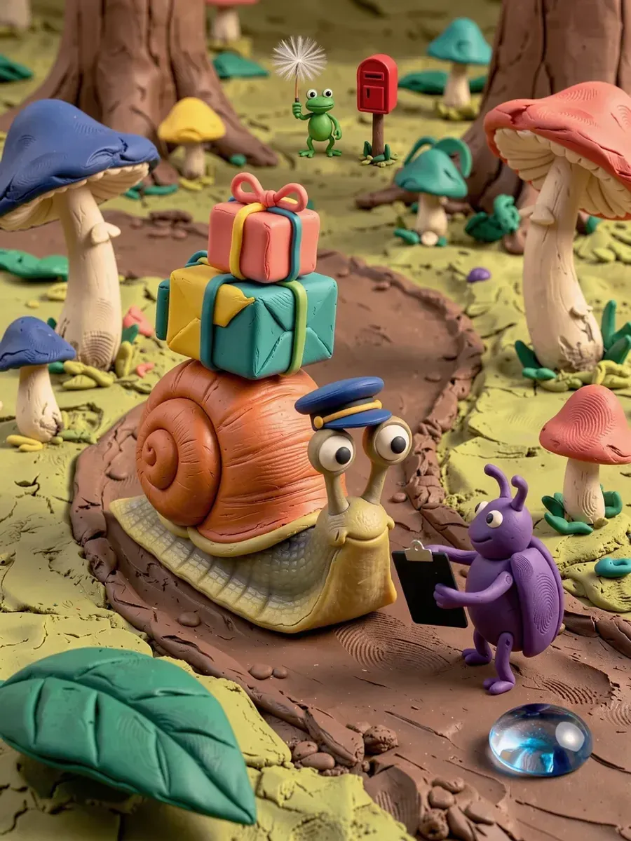claymation snail delivering presents through a mushroom forest
