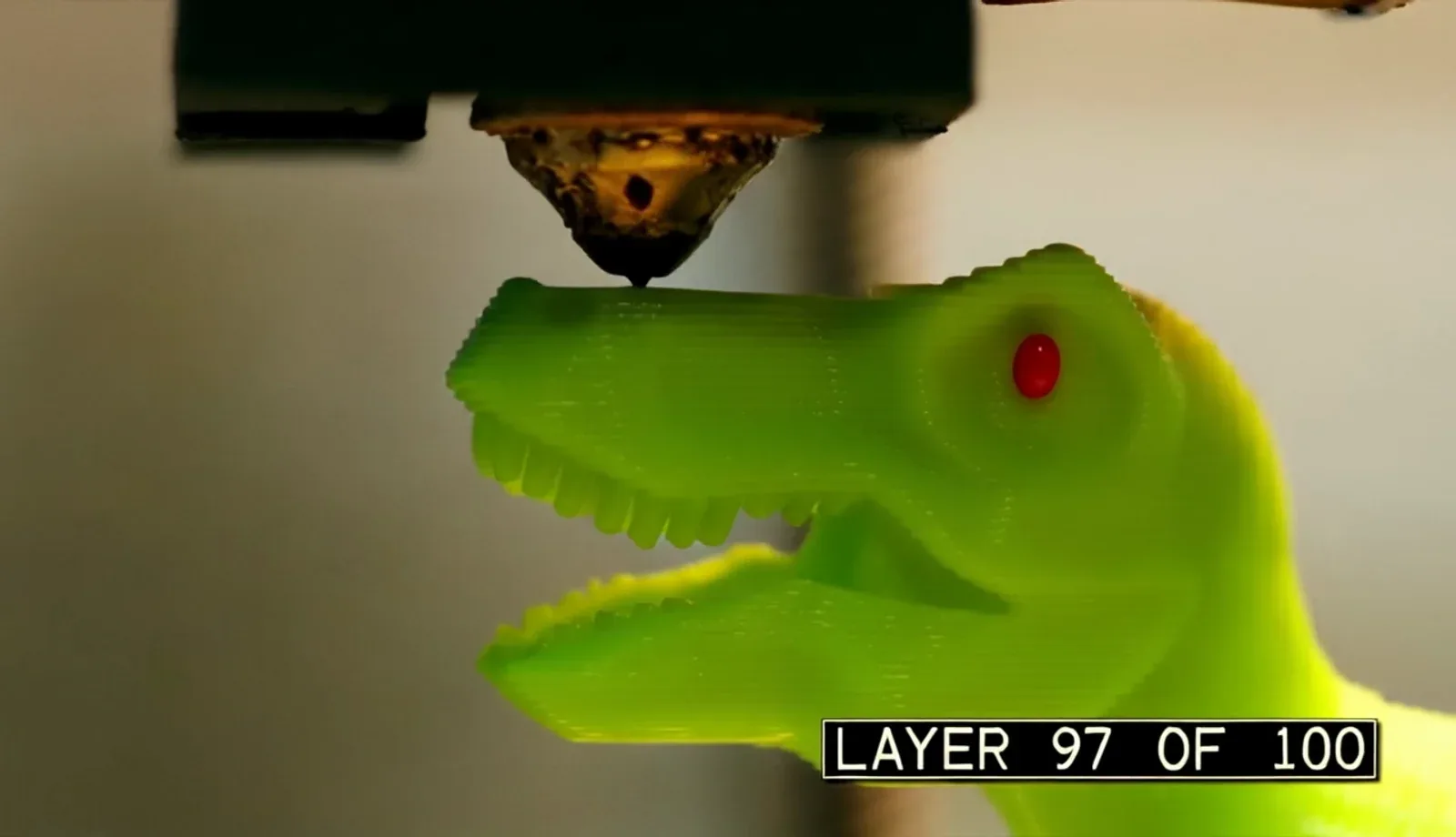 3D-printed dinosaur head, layer 97 of 100, macro