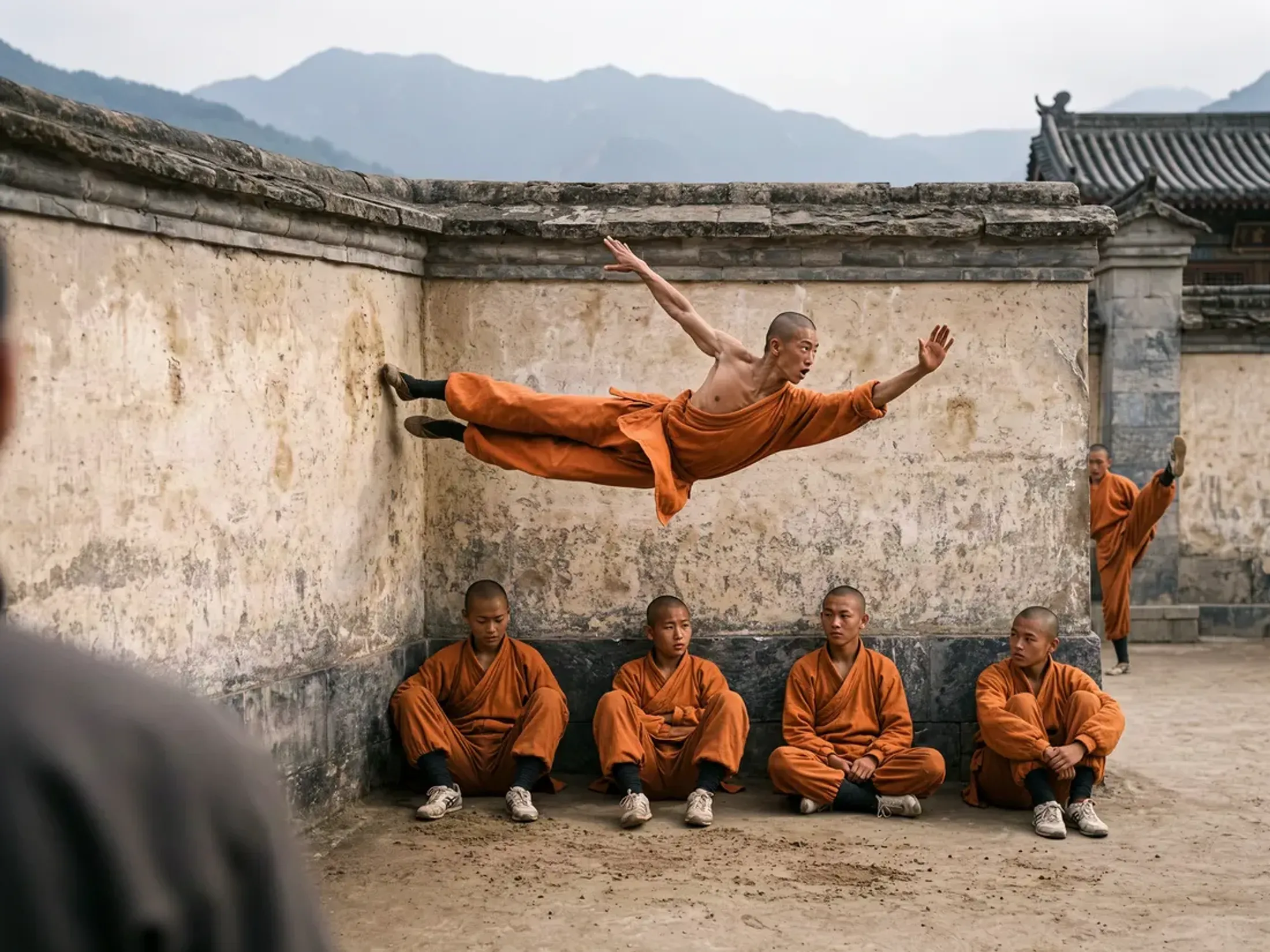 monks training mid-leap in a temple courtyard, film still
