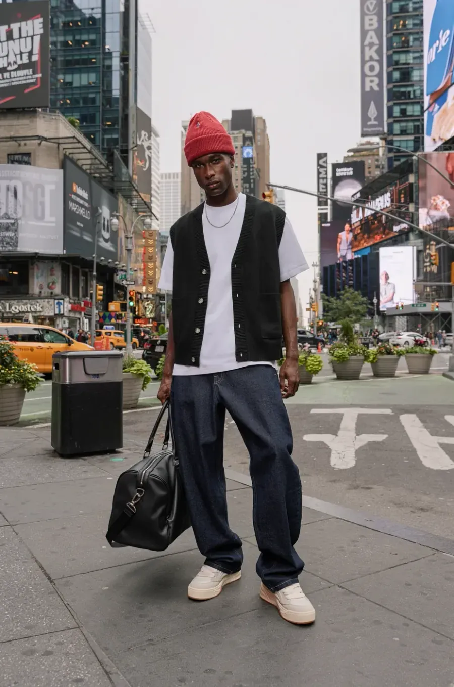 streetwear editorial in Times Square, overcast, 35mm