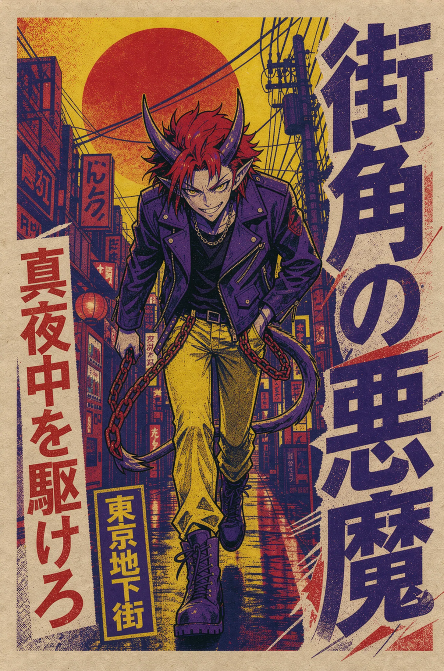 Anime street demon riso poster in yellow, violet and red