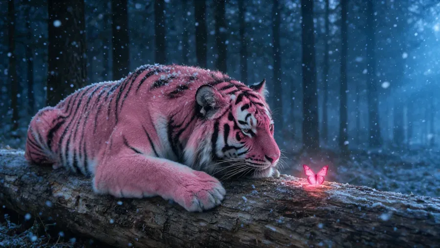 pink tiger resting in a blue forest, a glowing ember