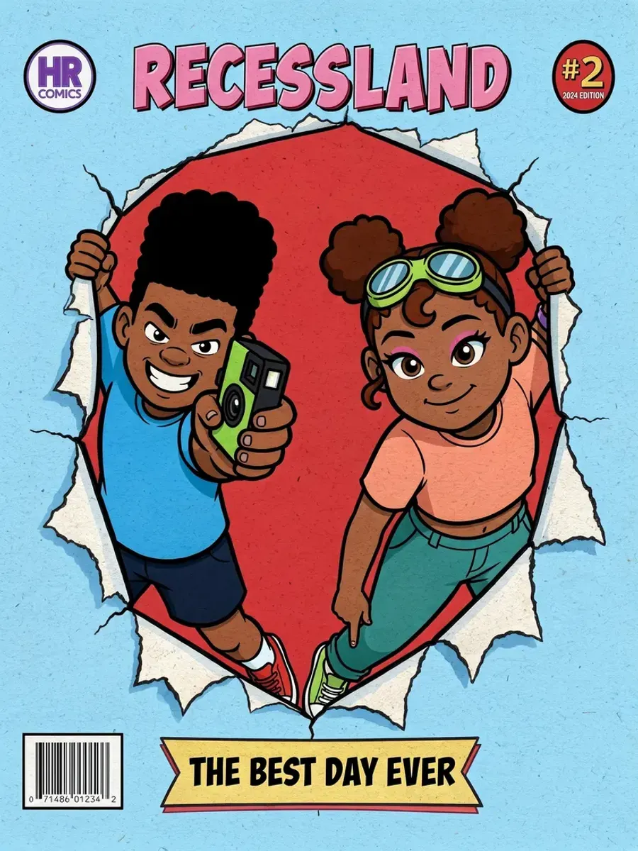 comic cover RECESSLAND #2, two kids bursting through paper