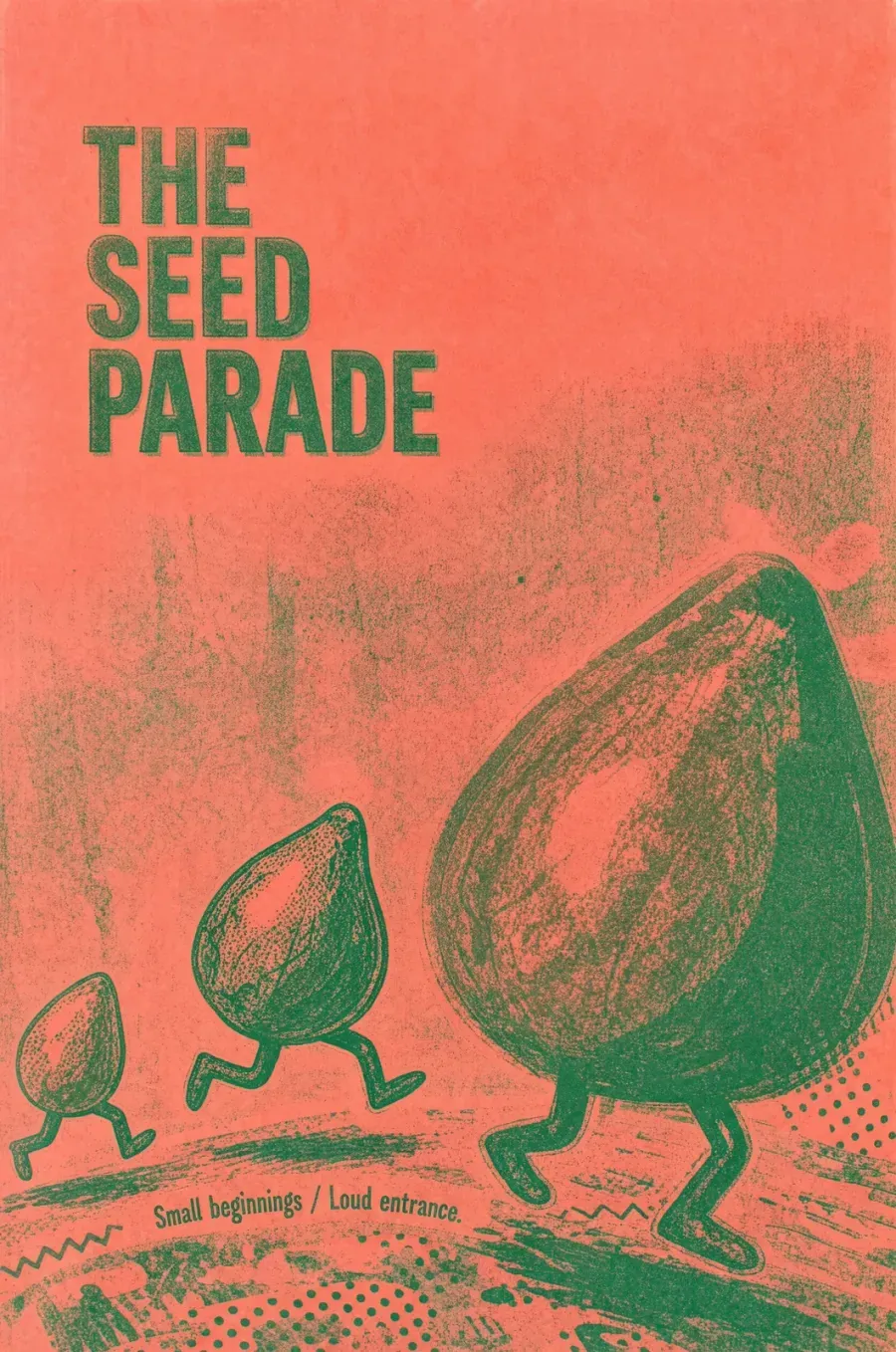 risograph poster THE SEED PARADE, coral and green