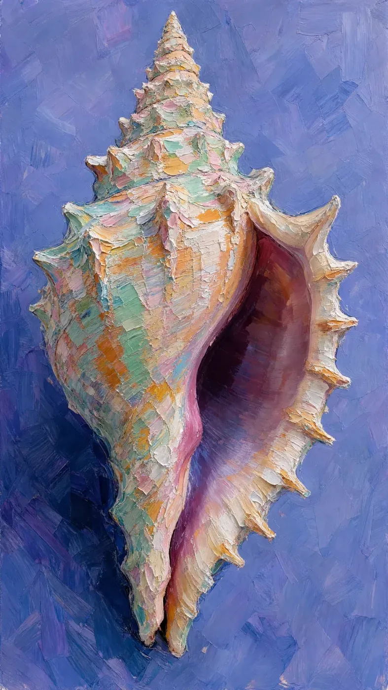 oil painting of a conch shell on violet linen