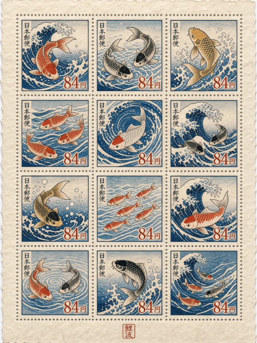 ukiyo-e waterfall stamps with perforated edges