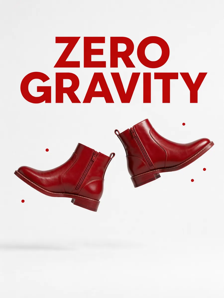 Swiss poster, red rain boots floating, headline ZERO GRAVITY