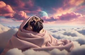 Retrato de mascota Generador Pug sentado en las nubes