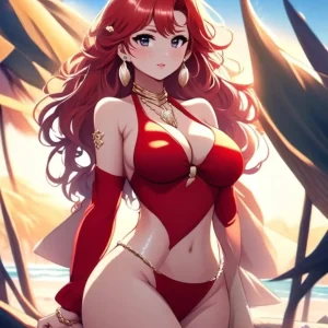 an anime woman in a red garment